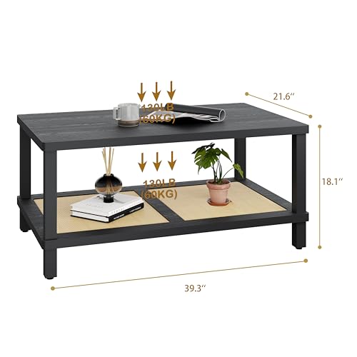 Rattan Coffee Table, 2-Tier Wooden Center Table, 39.3 Inch K868