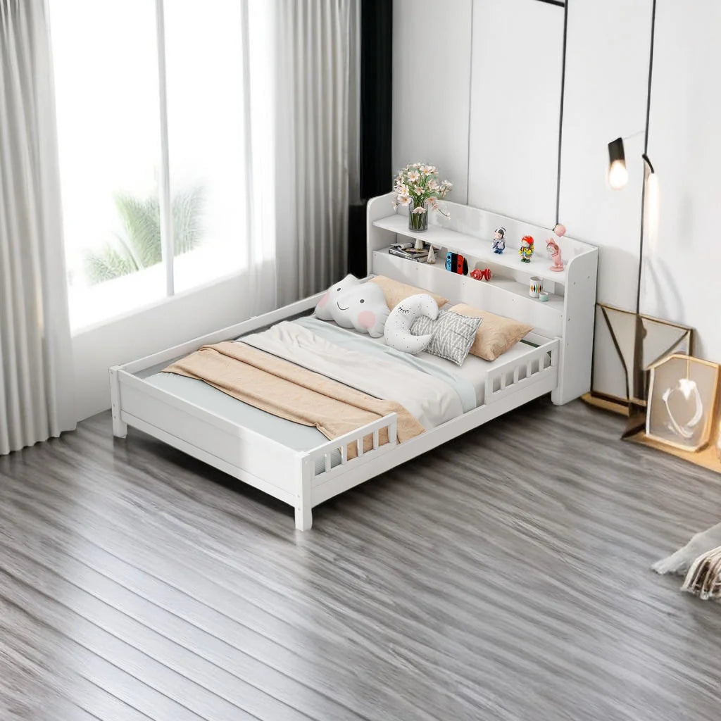 Twin Size Wood Platform Bed with Storage Headboard and Guardrail W4065