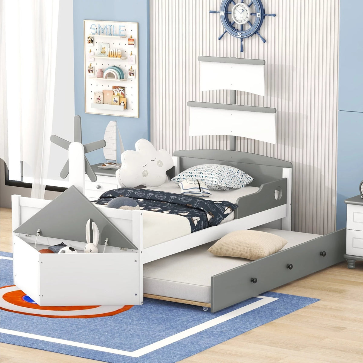 Twin Size Boat-Shaped Platform Bed with Trundle Y7547
