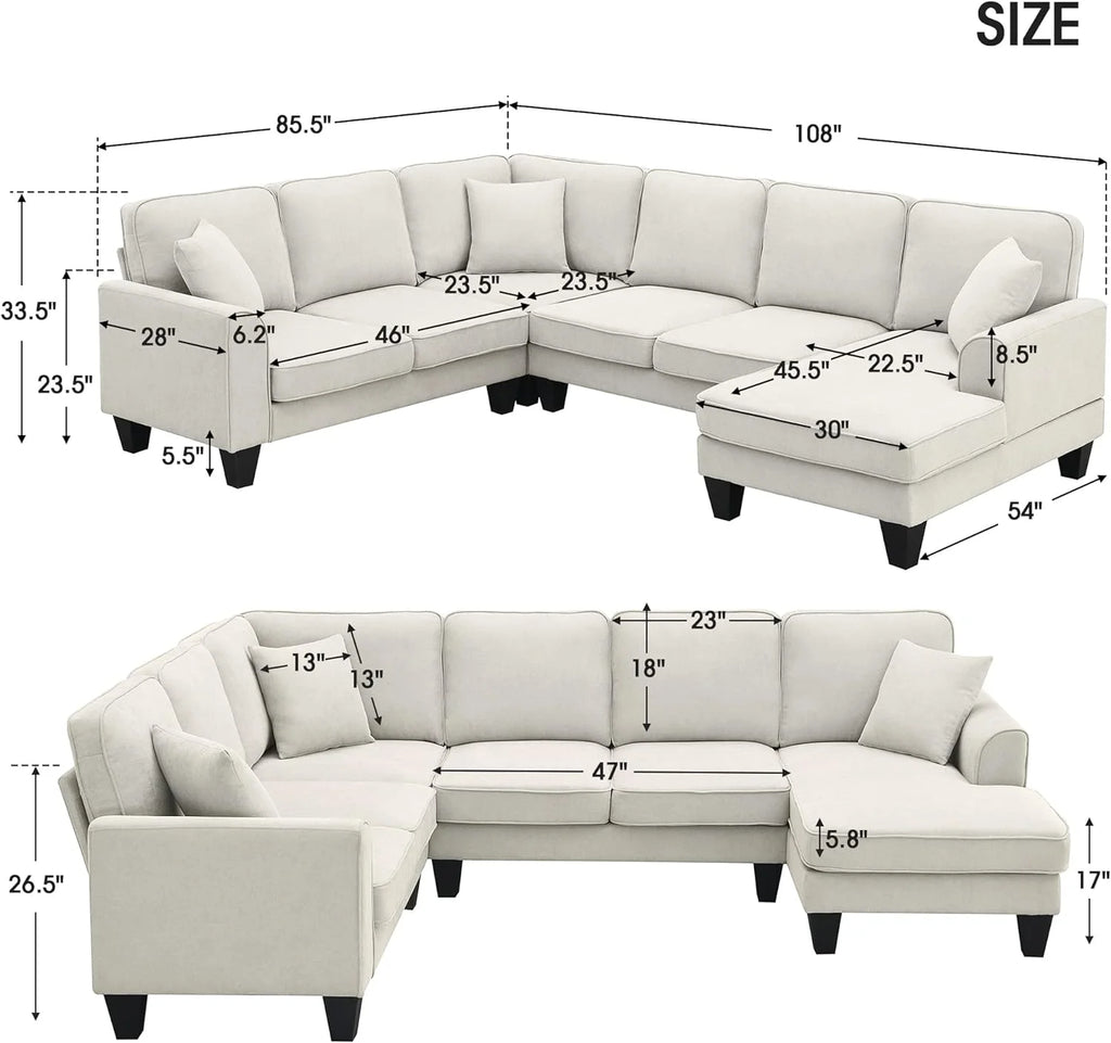 Beige 7-Seat U Shape Fabric Sectional Sofa with 3 Pillows G496071