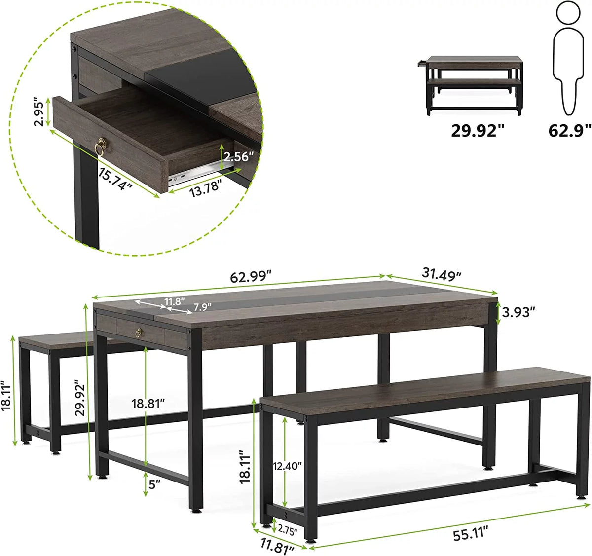 Dining Table with 2 Benches and Drawer P626