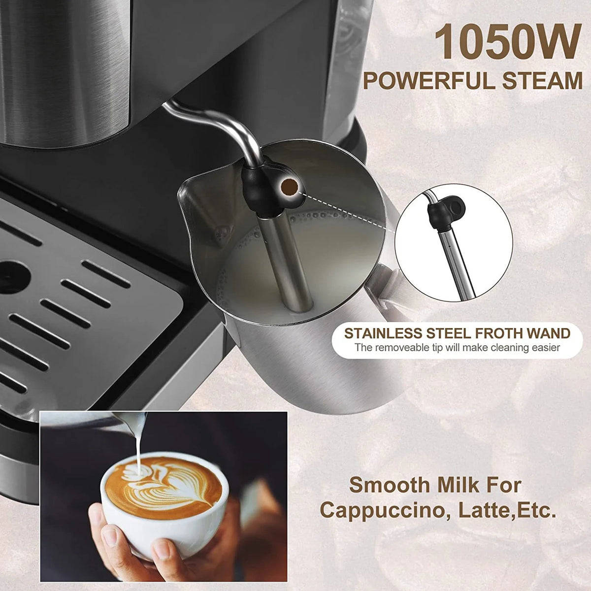 15 Bar Espresso Coffee Maker with Frother Wand B4158