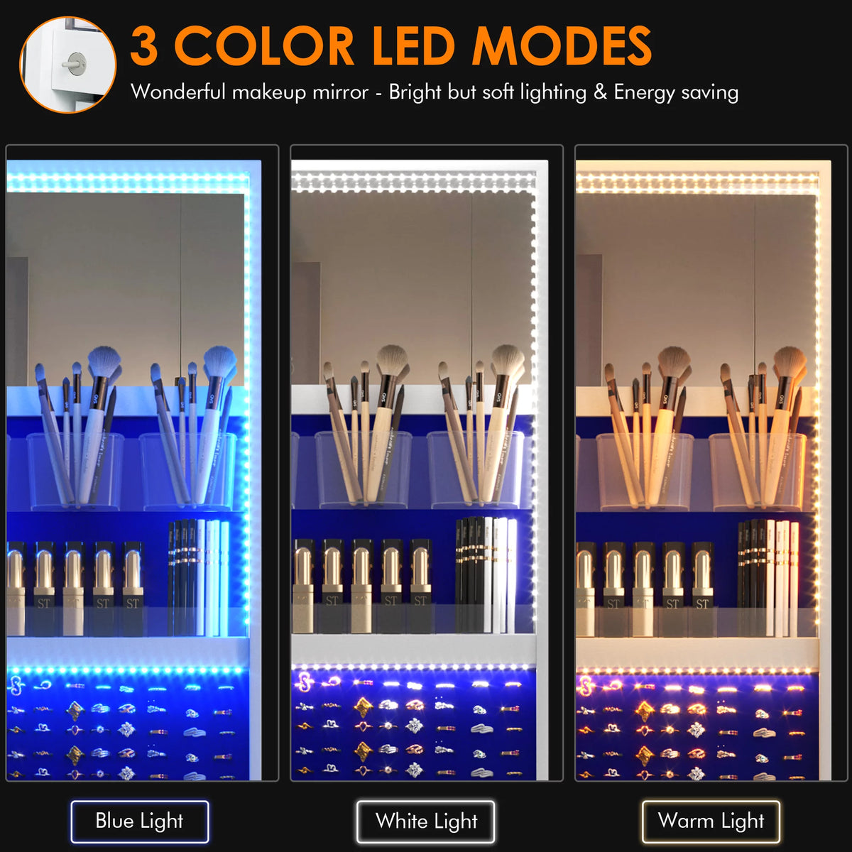 360° Rotating LED Jewelry Armoire with Full Length Mirror R97306