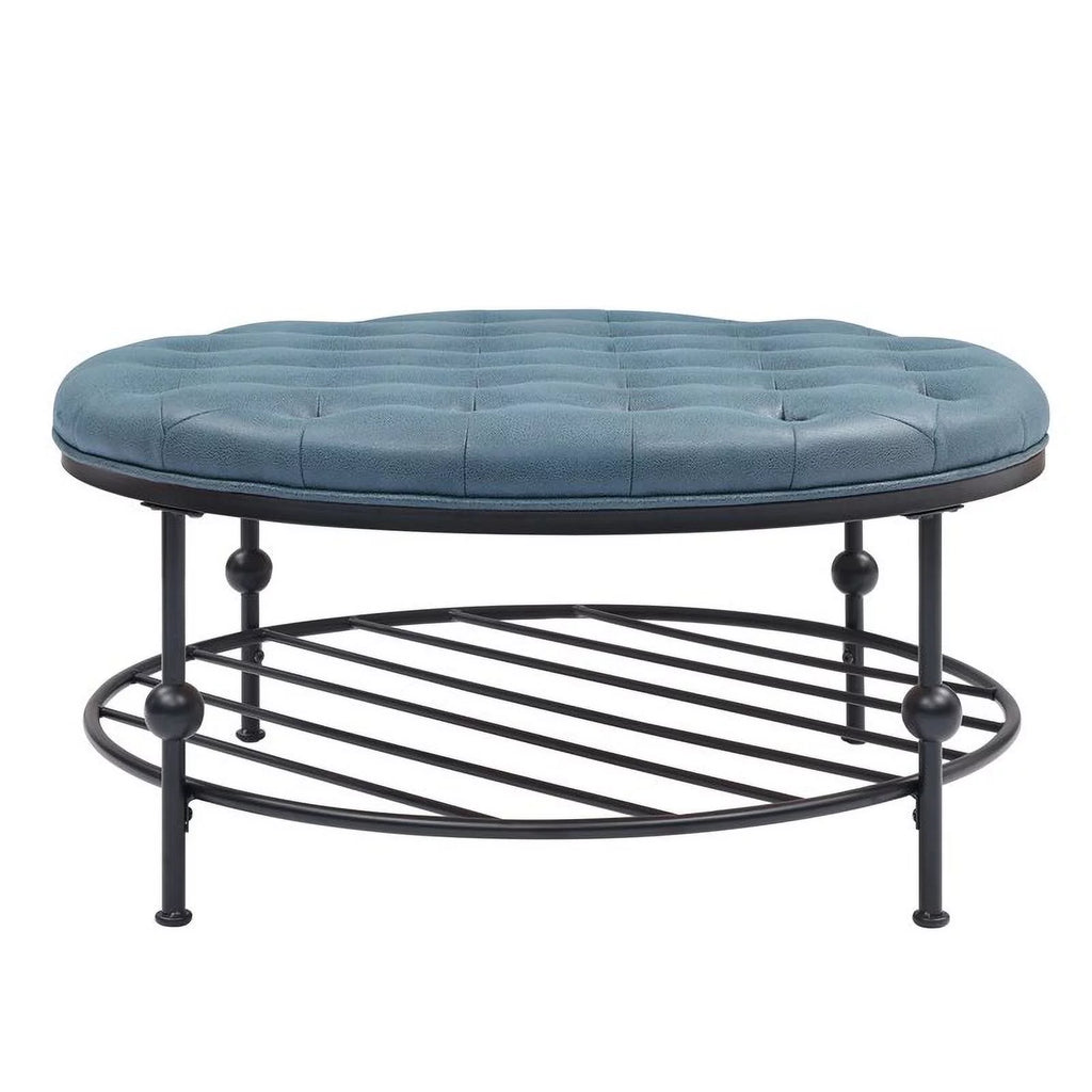 36" Round Faux Leather Tufted Cocktail Ottoman in Blue A6849