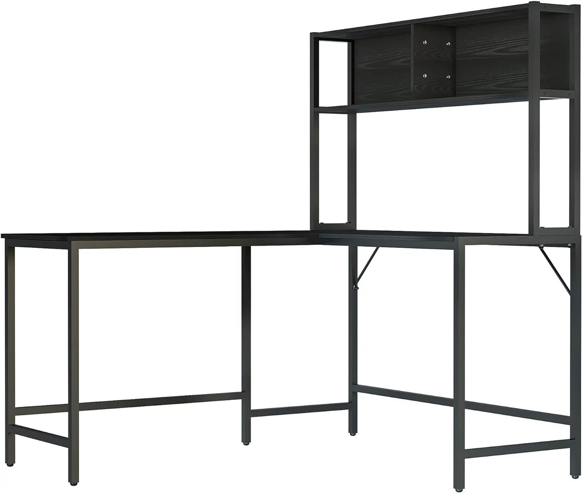 55 Inch L Shaped Computer Desk with Hutch, Black C380638