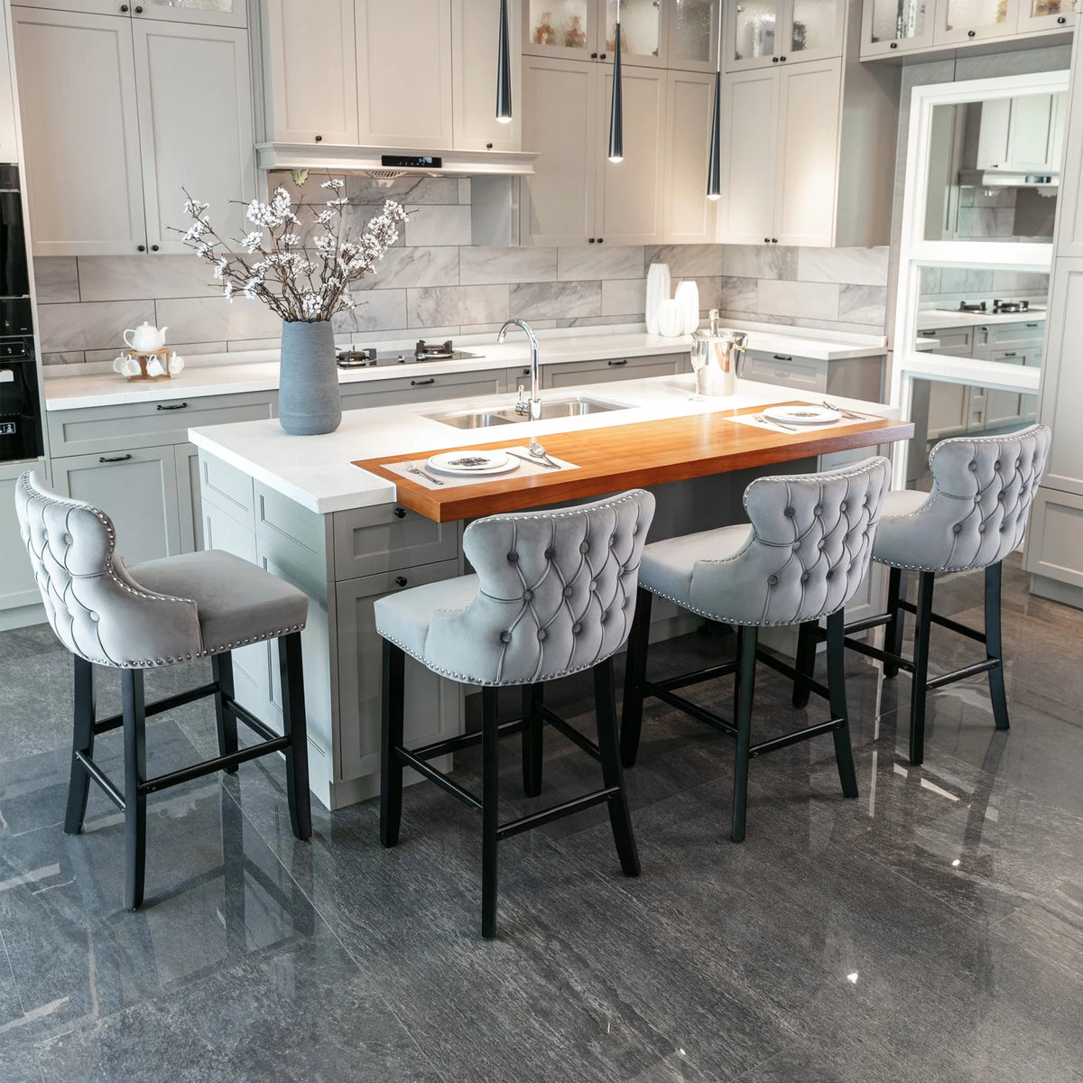 Set of 6 Grey Velvet Upholstered Bar Stools M917