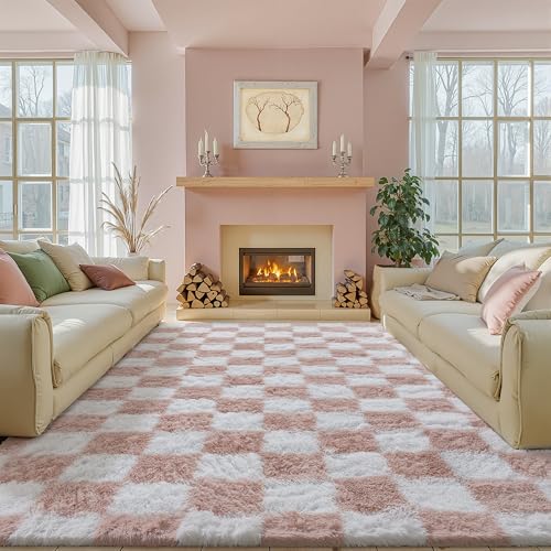 Beige and White Checkered Shag Rug 8x10 M240