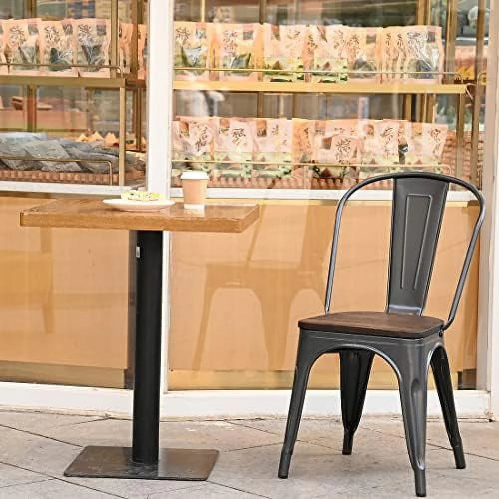 Gunmetal Grey Metal Dining Chairs Set of 4 with Wood Seat H2572