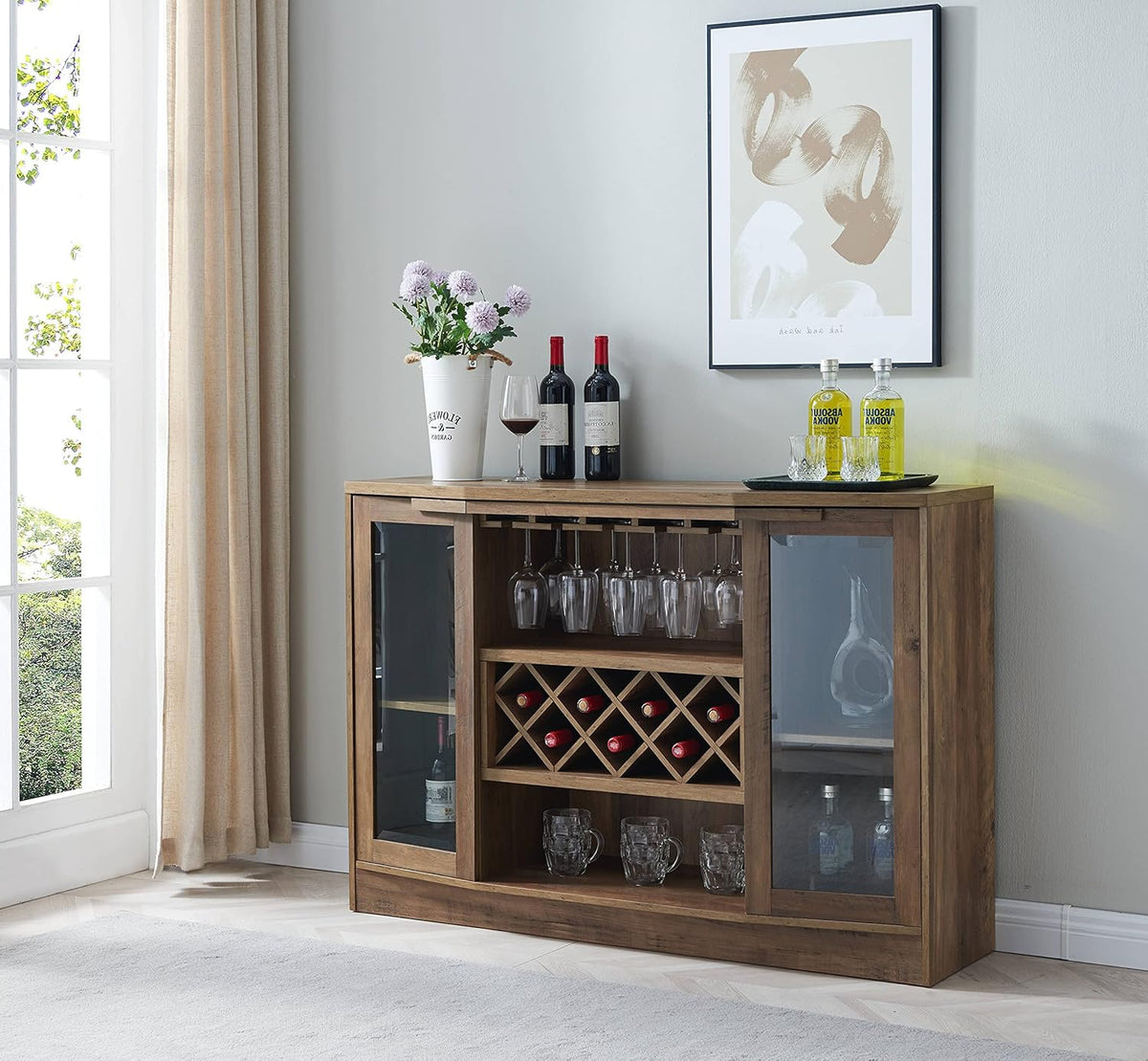 Mahogany Bar Cabinet with Curved Glass Doors M859479