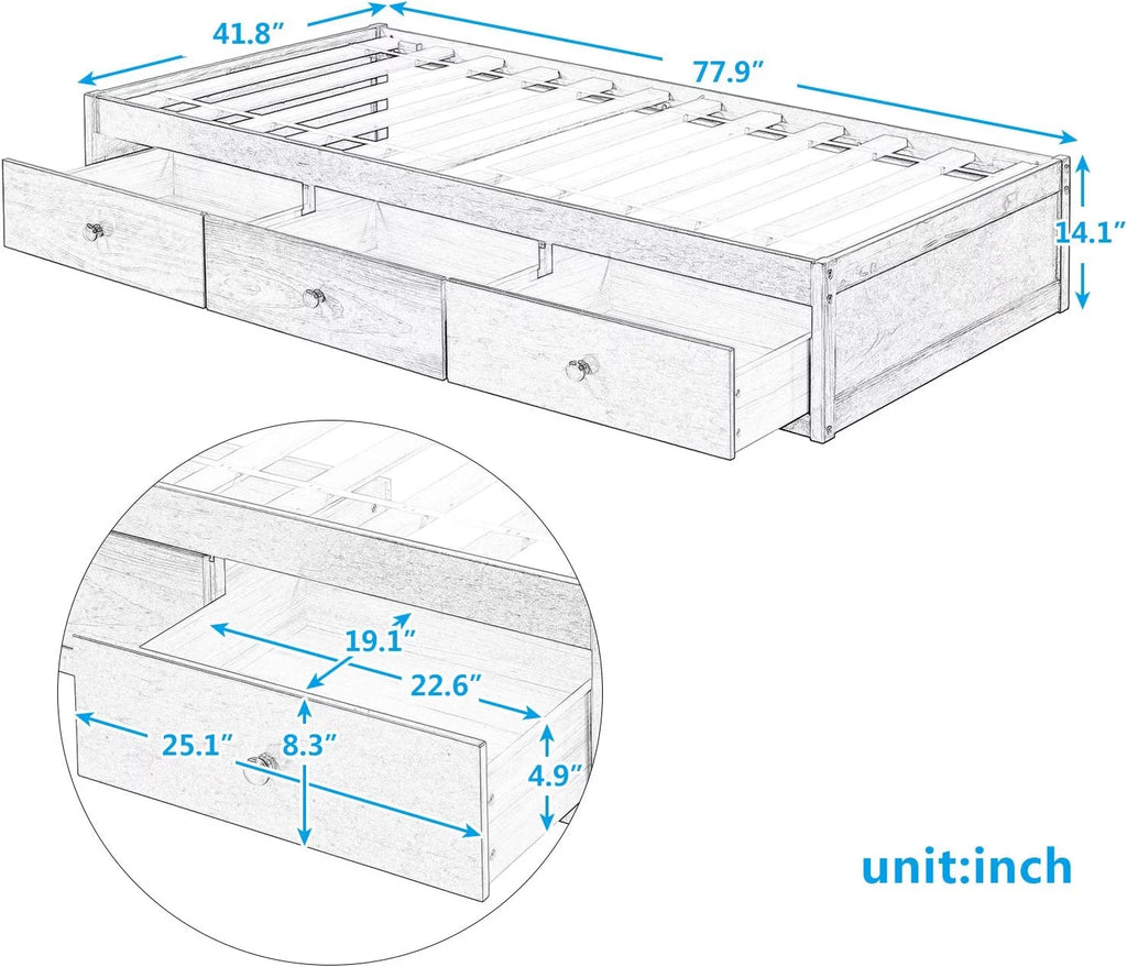 Cherry Wood Storage Bed with 3 Drawers A826