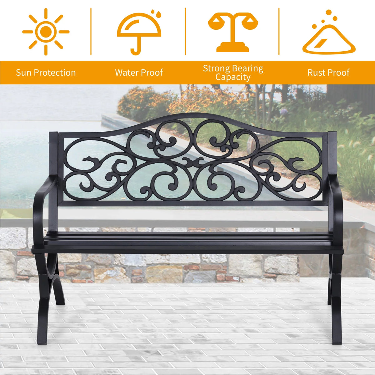 50" Outdoor Iron Cast Garden Park Bench - Black W684