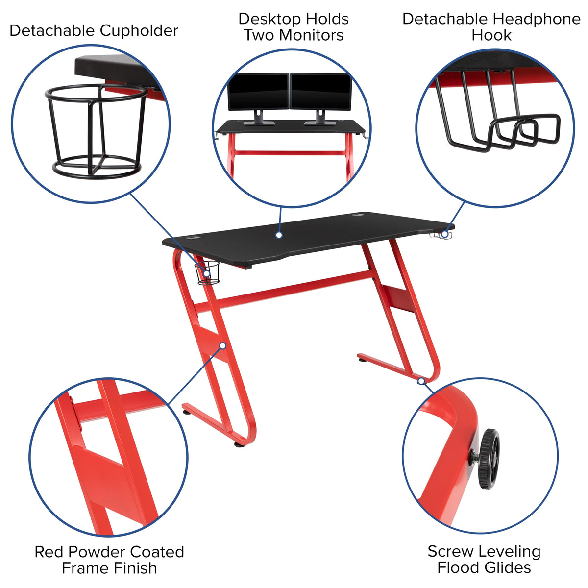 Red Ergonomic Gaming Desk with Cup Holder U375204
