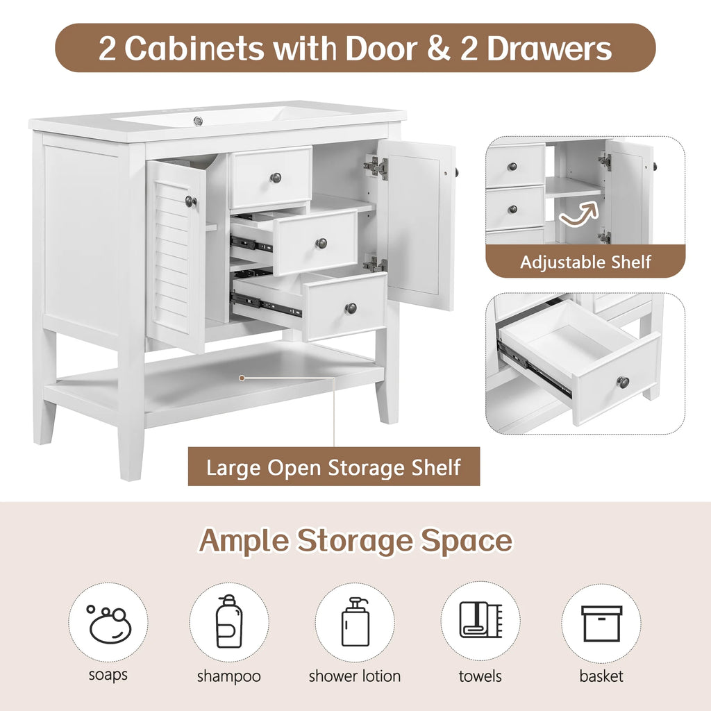 36" White Bathroom Vanity with Ceramic Basin V826435