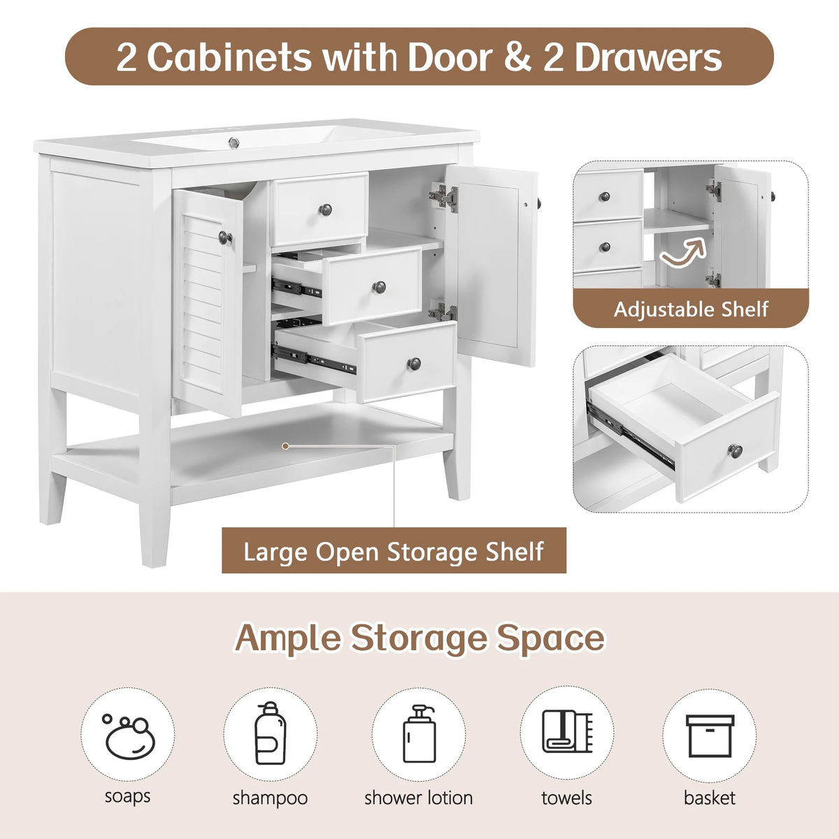 36" White Bathroom Vanity with Ceramic Basin V826435