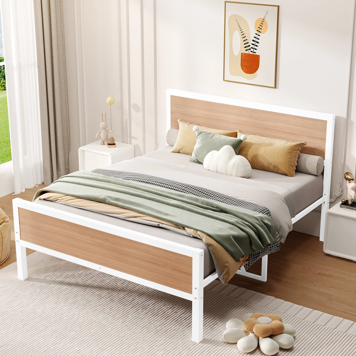 White Full Size Metal Platform Bed Frame with Headboard and Footboard W100508