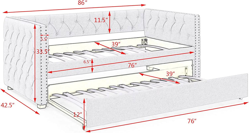 Light Grey Linen Upholstered Twin Size Daybed with Trundle Z1859