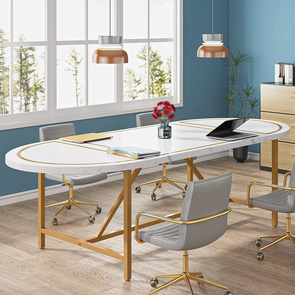 70.8" White and Gold Executive Desk H851283