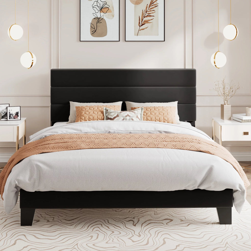 Queen Size Black Velvet Upholstered Platform Bed Frame with Headboard B4609