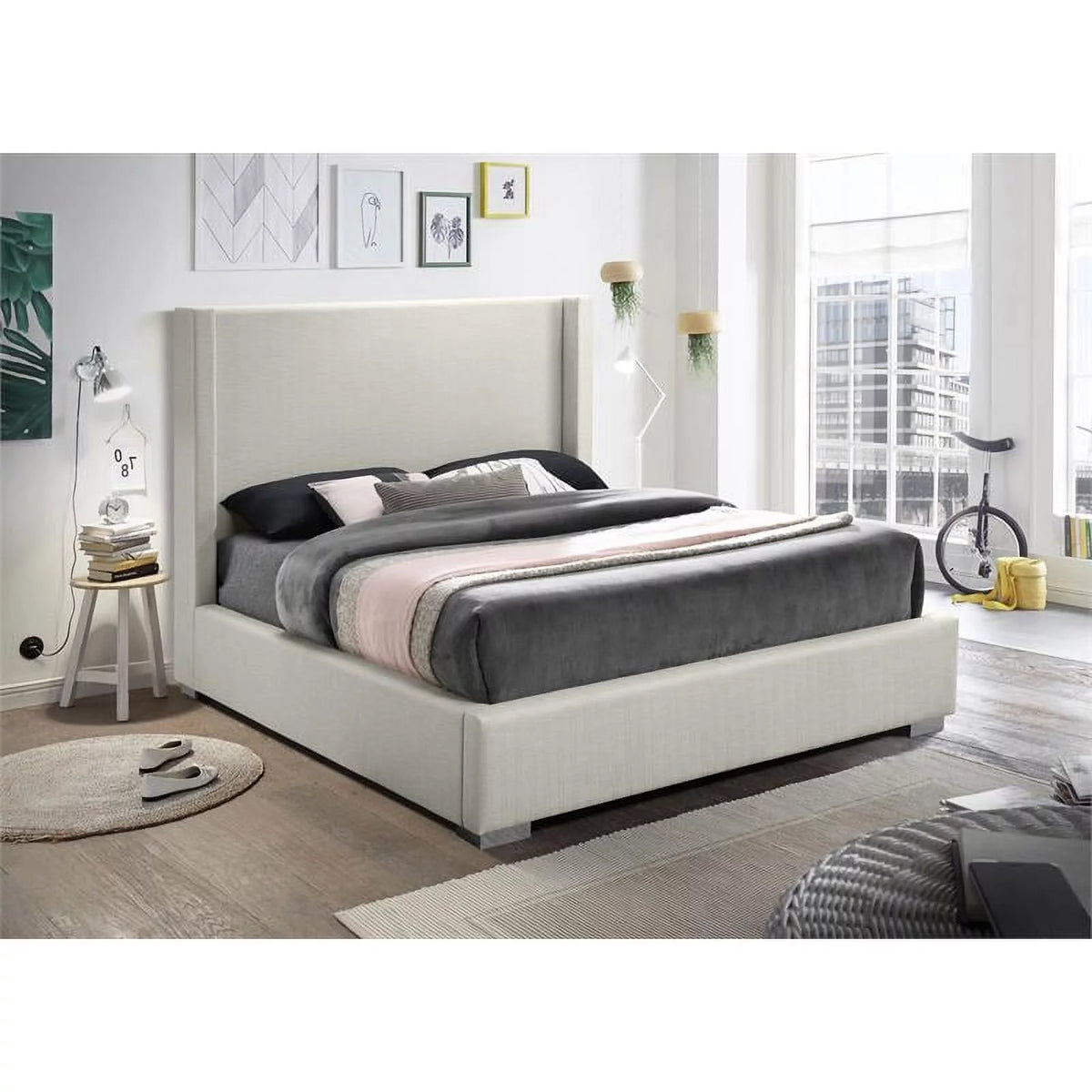 Beige Linen Textured Fabric King Bed D8801