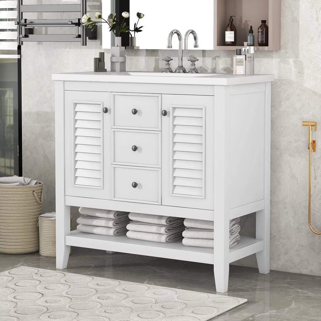 36" White Bathroom Vanity with Ceramic Basin V826435