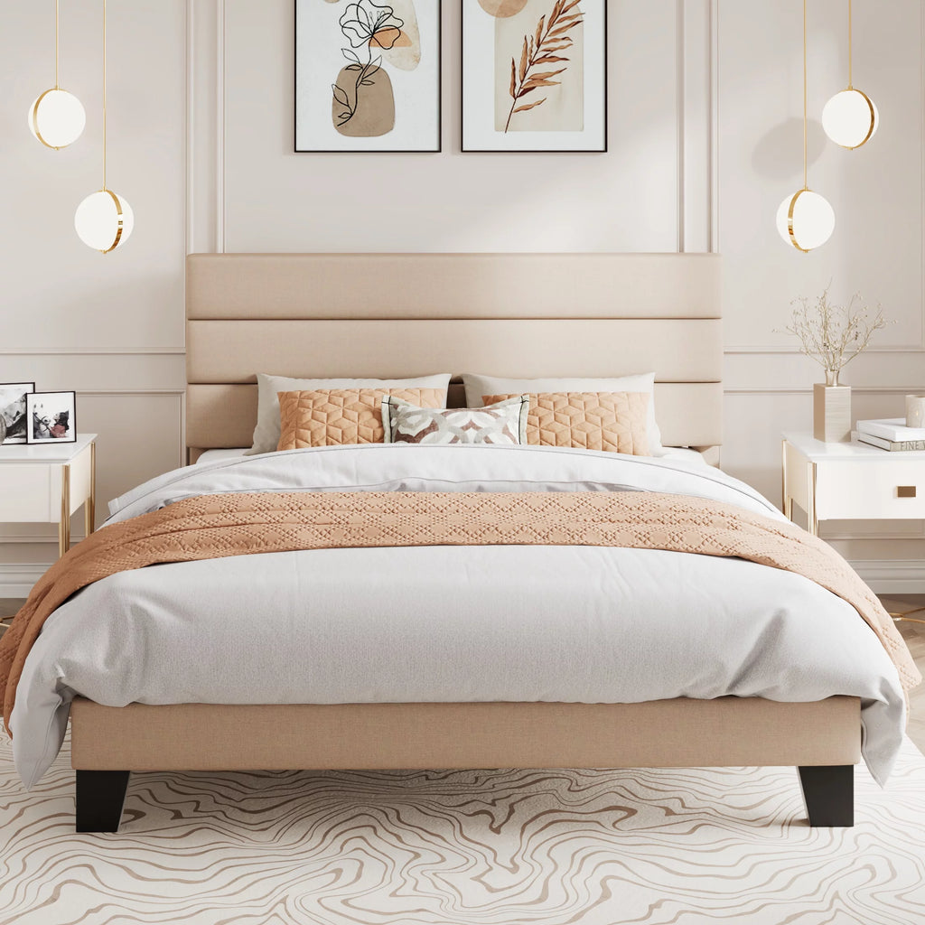Queen Size Black Velvet Upholstered Platform Bed Frame with Headboard B4609