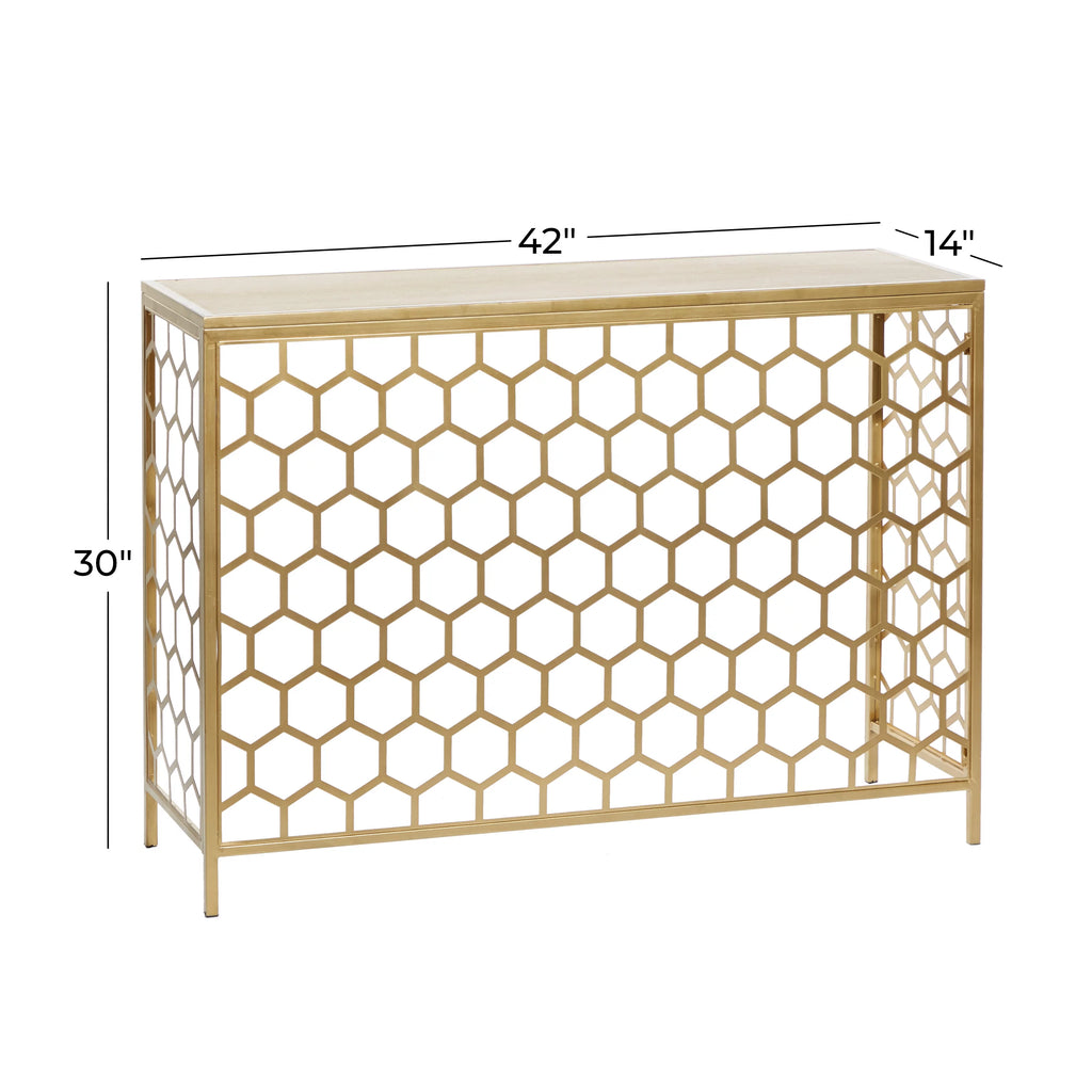 42" x 30" Gold Metal Honeycomb Pattern Console Table with Brown Wood Top N23042