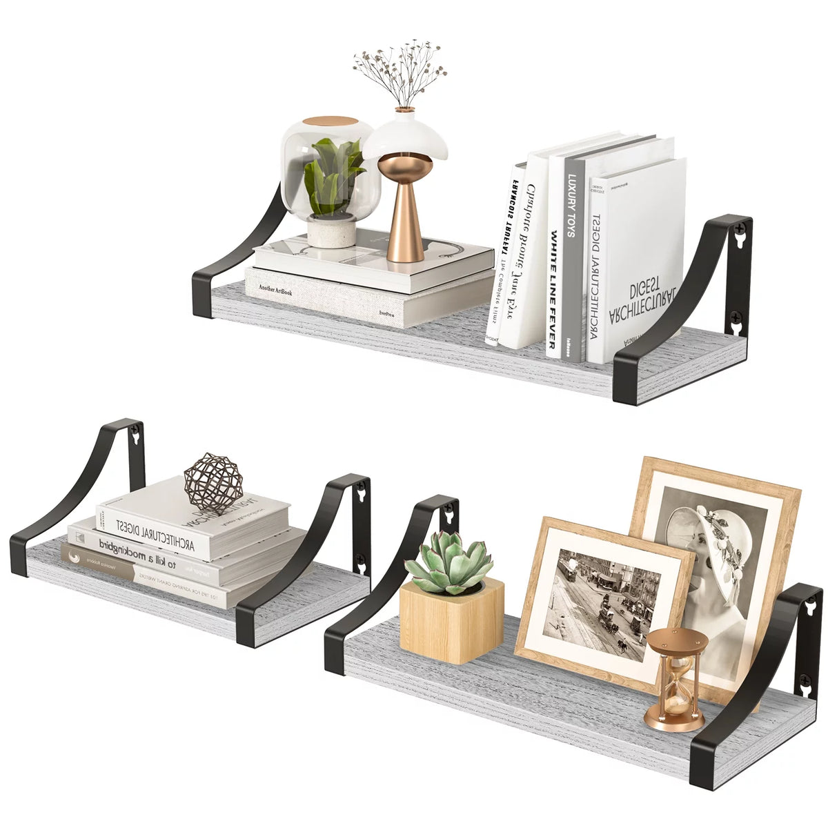 Set of 3 Wall Mounted Wood Rustic Floating Shelves U5979