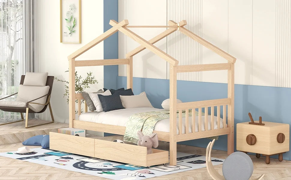 White Twin Size Solid Wood House Bed with Trundle B30948