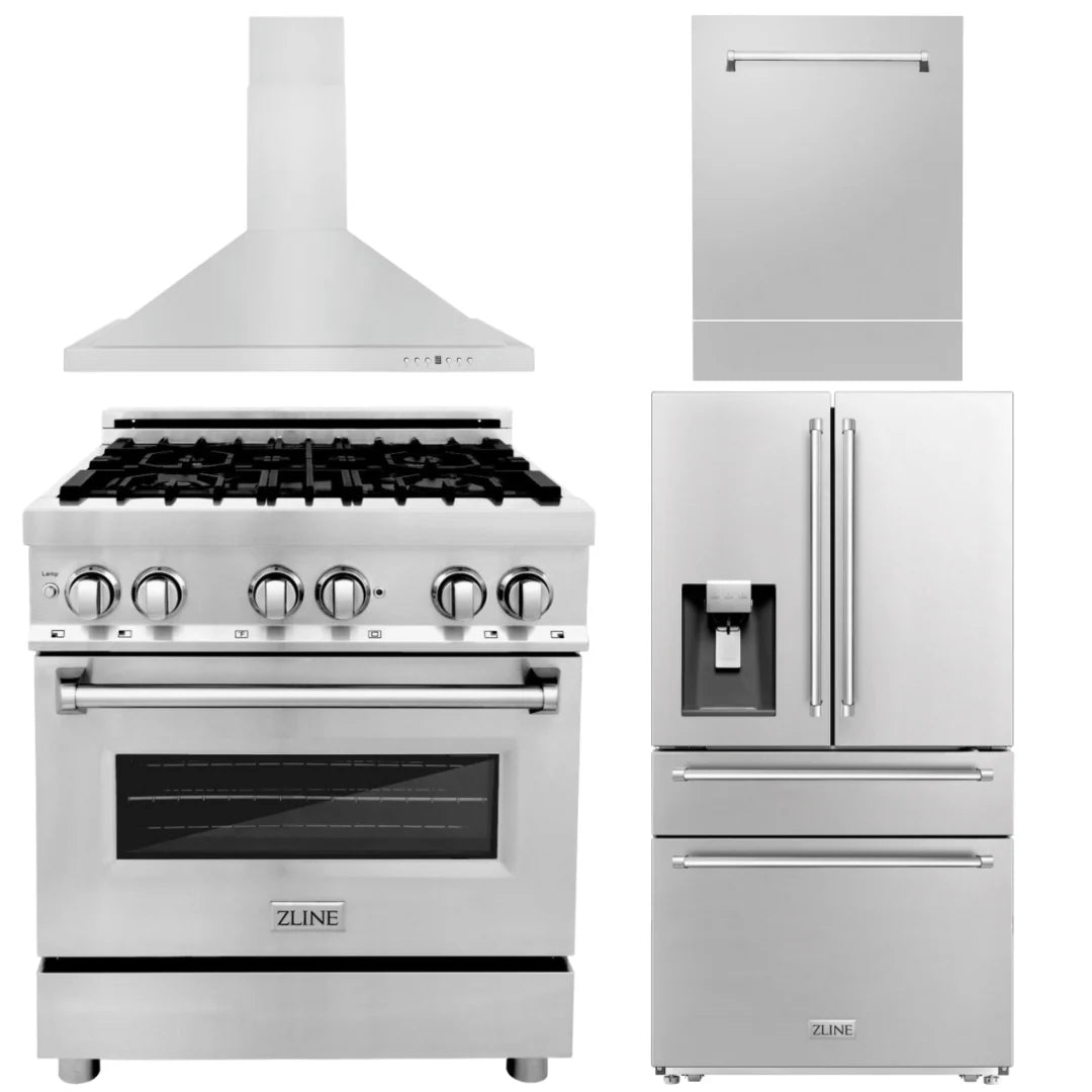 30 Dual Fuel Range, Refrigerator, Range Hood and Dishwasher W268