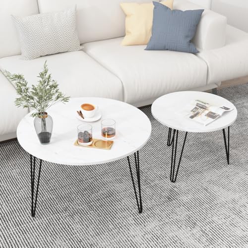Round Nesting Coffee Table Set of 2 with Marble Tabletop Q854179