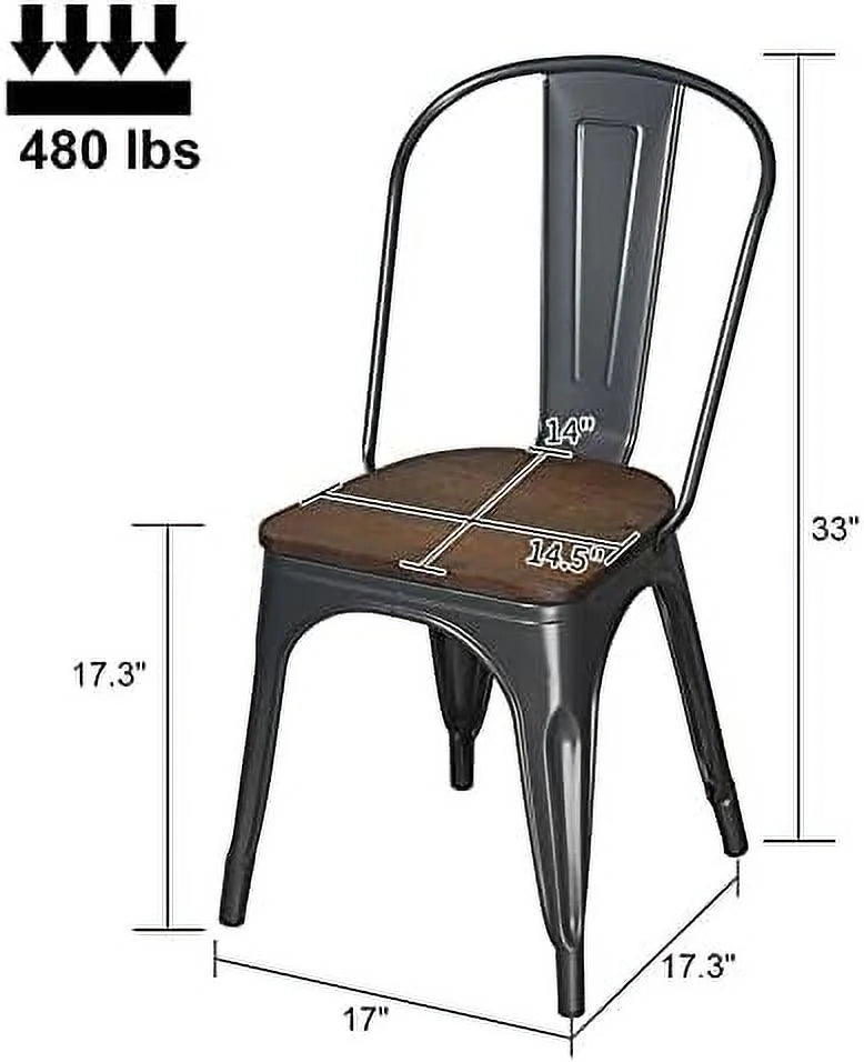 Gunmetal Grey Metal Dining Chairs Set of 4 with Wood Seat H2572