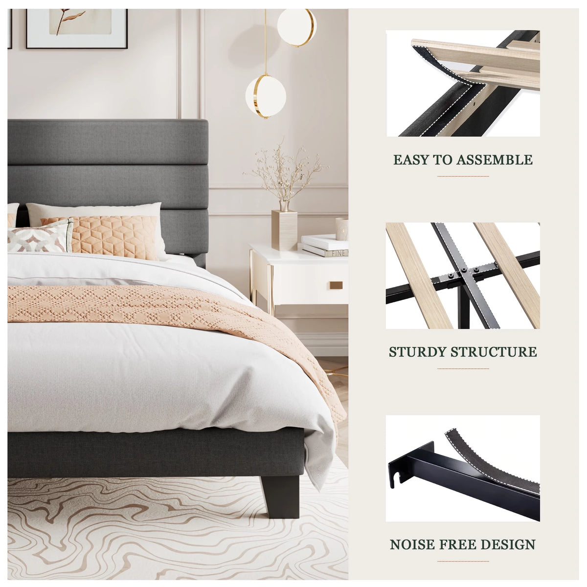 Queen Size Black Velvet Upholstered Platform Bed Frame with Headboard B4609