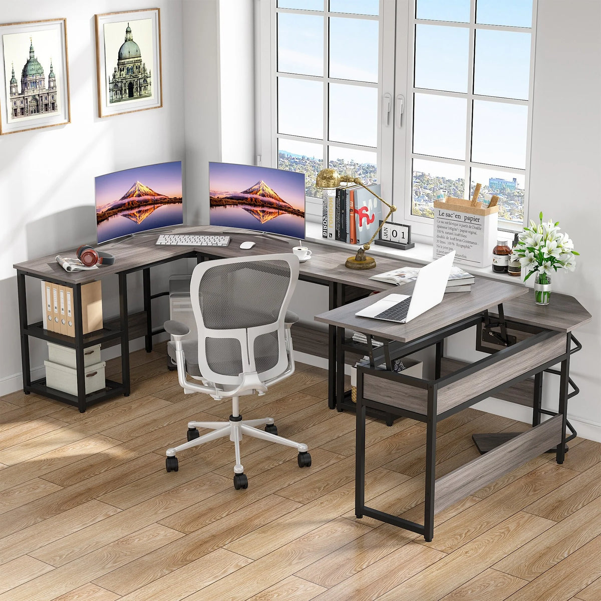 L-Shaped Height Adjustable Computer Desk with Shelves X741