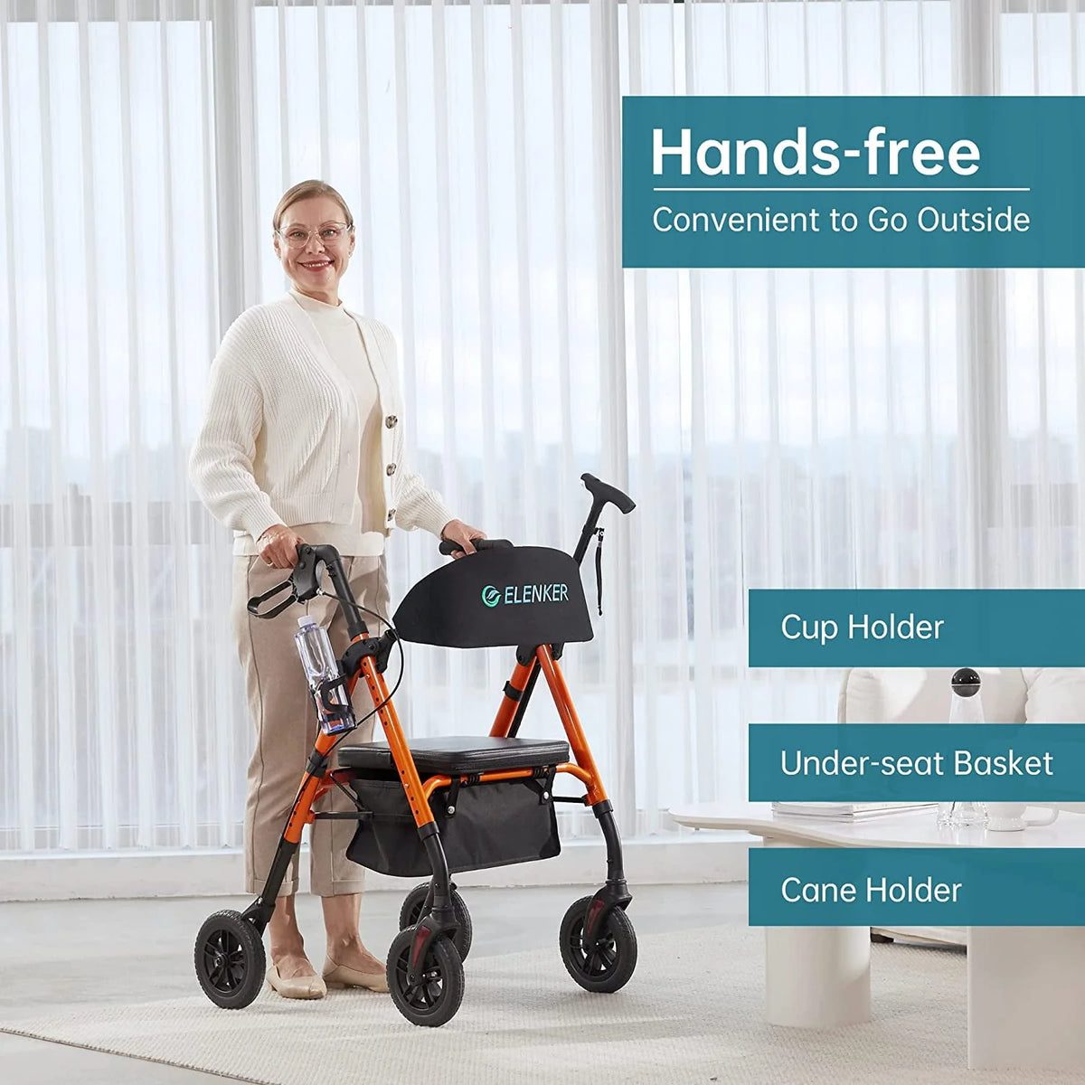 All-Terrain Rollator Walker with 8” Wheels, Height Adjustable, Padded Seat Backrest Cup Holder, Orange G548