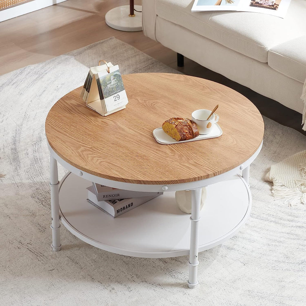 Natural White Round 2-Tier Storage Wood Coffee Table with Metal Frame J108