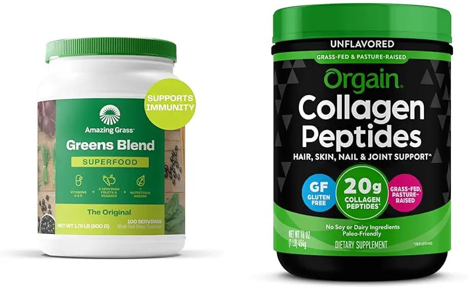 Greens Superfood Blend with Organic Spirulina, Digestive Enzymes - 100 Servings & Hydrolyzed Collagen Peptides Powder, 20g Grass Fed Collagen F60295