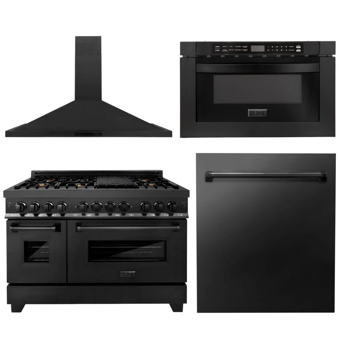 48 Range, Range Hood, Microwave, Dishwasher in Black Stainless Z45831
