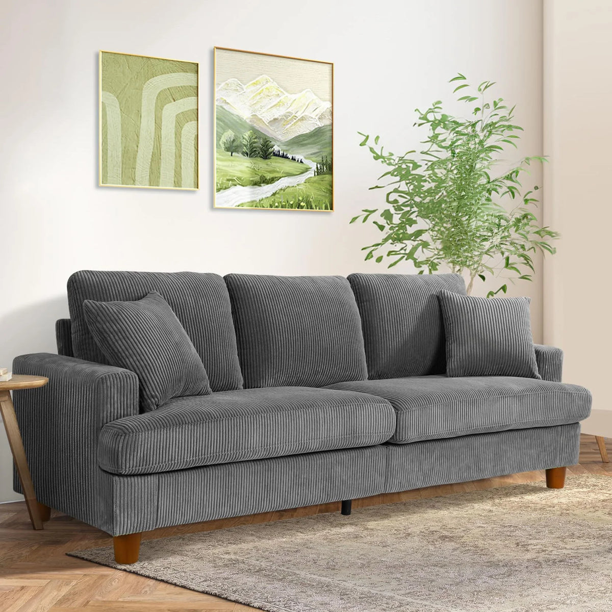 Gray Corduroy 3 Seater Sofa with 2 Pillows E565814