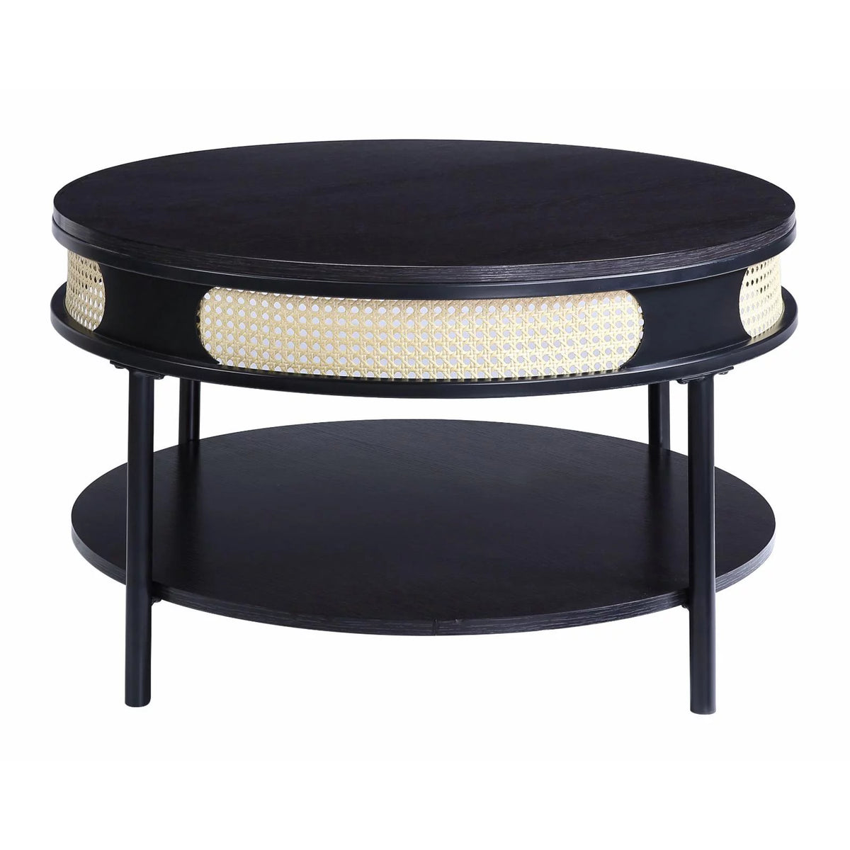 Round Wood Top Coffee Table with Bottom Shelf in Black A4338