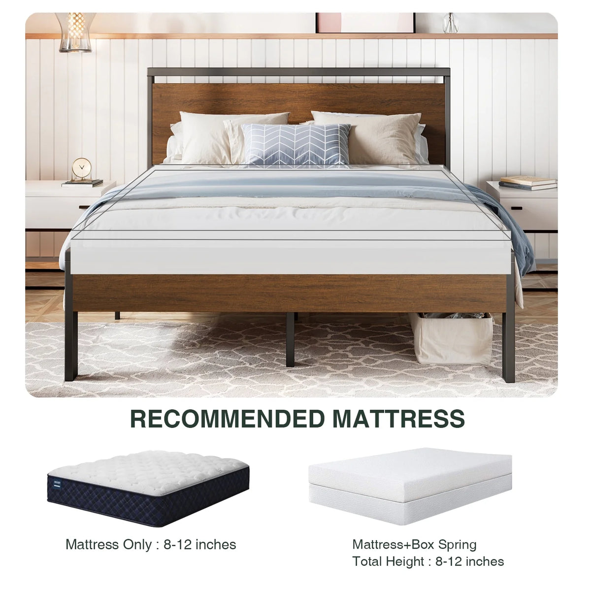 Queen Size Metal Platform Bed Frame with Wooden Headboard & Footboard I914