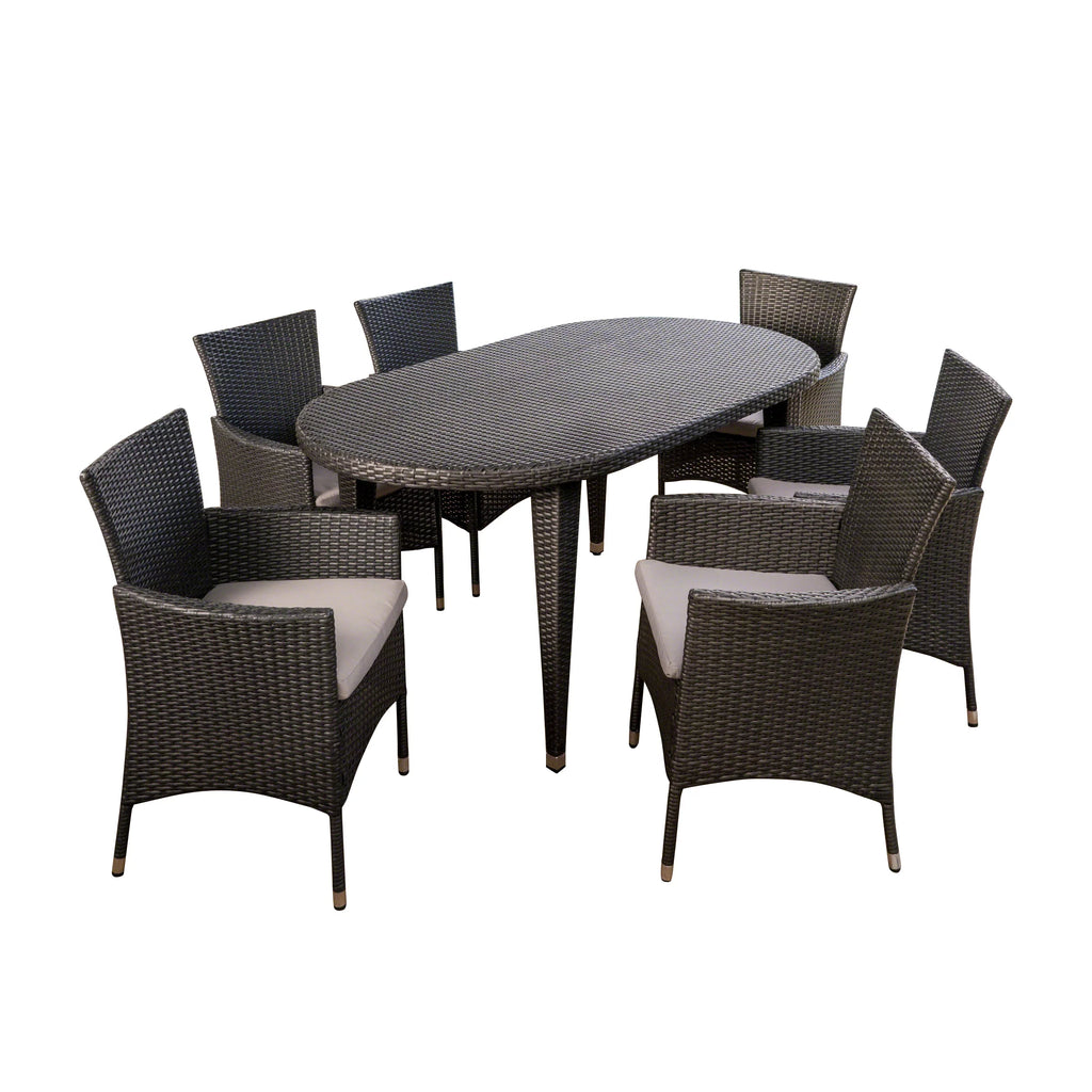 7 Piece Wicker Oval Dining Set with Cushions K25076