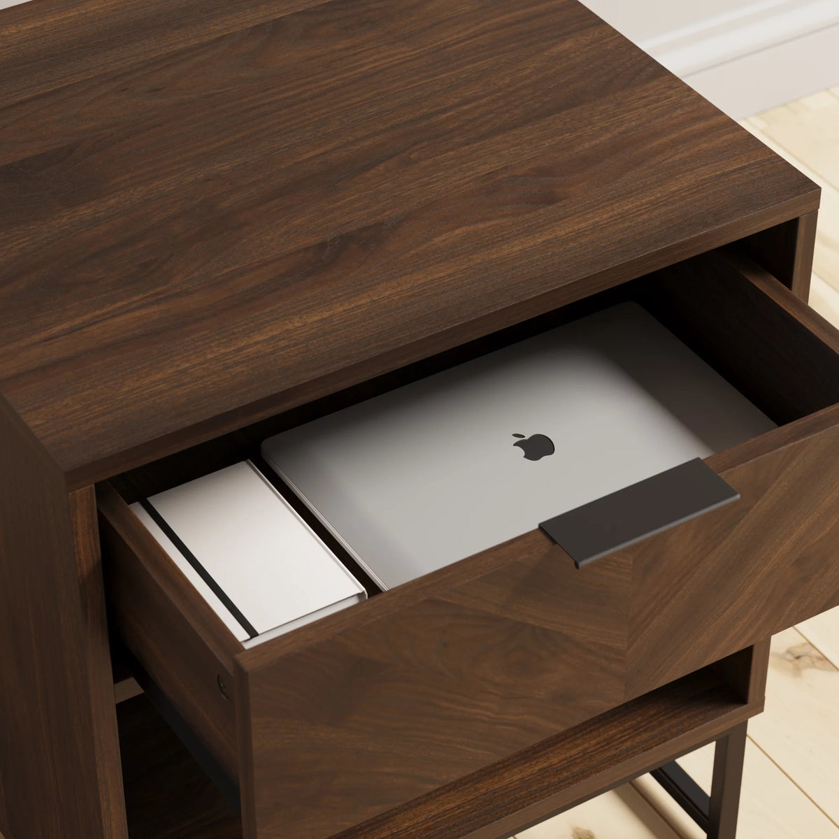 Walnut Rustic Nightstand with Open Cubby and Drawer B832995