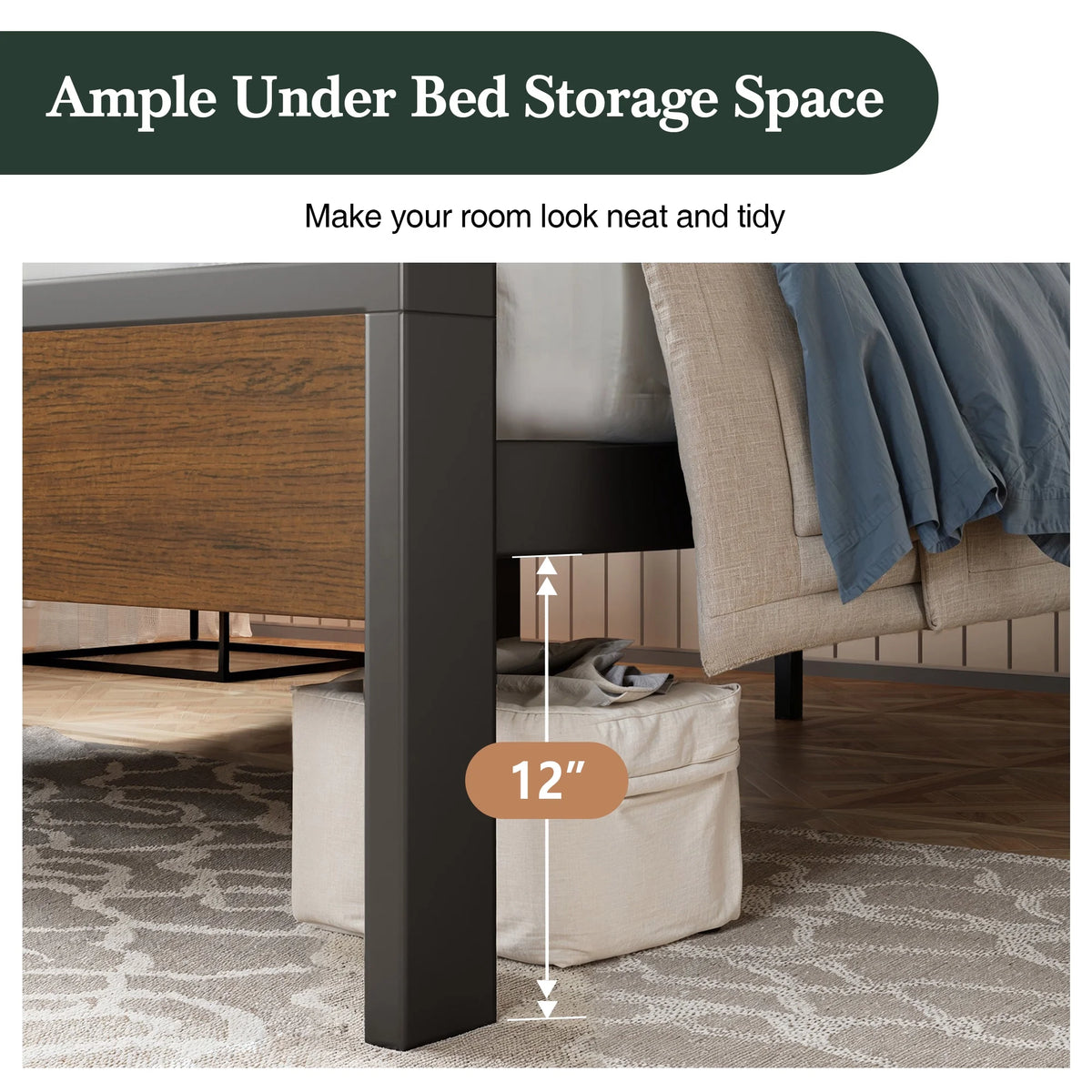 Queen Size Metal Platform Bed Frame with Wooden Headboard & Footboard I914