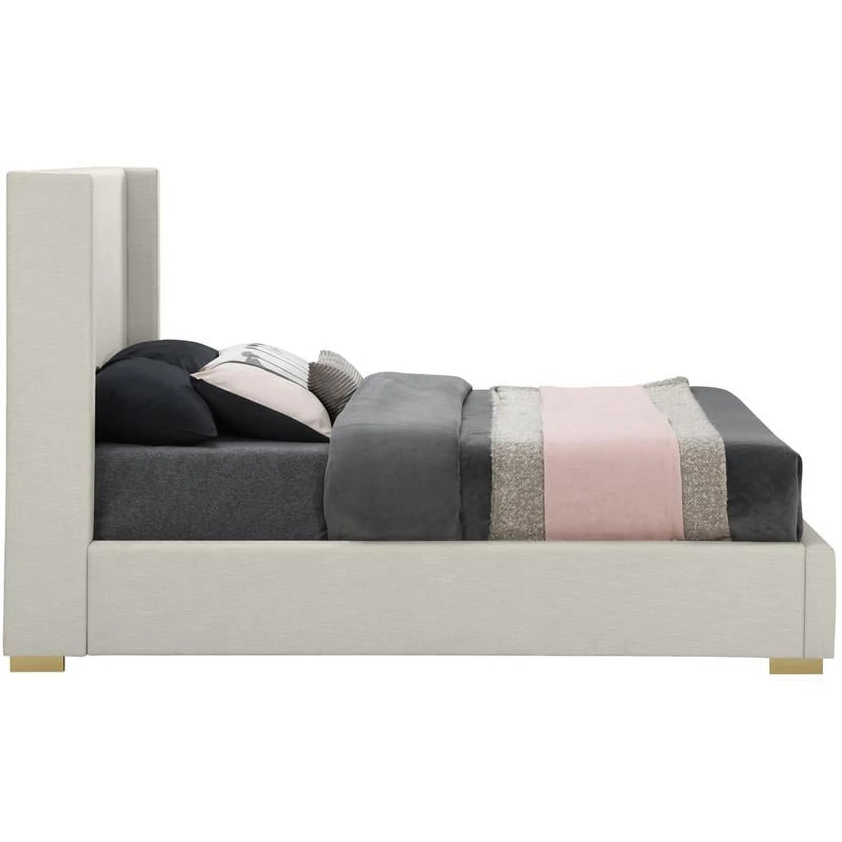 Beige Linen Textured Fabric King Bed D8801