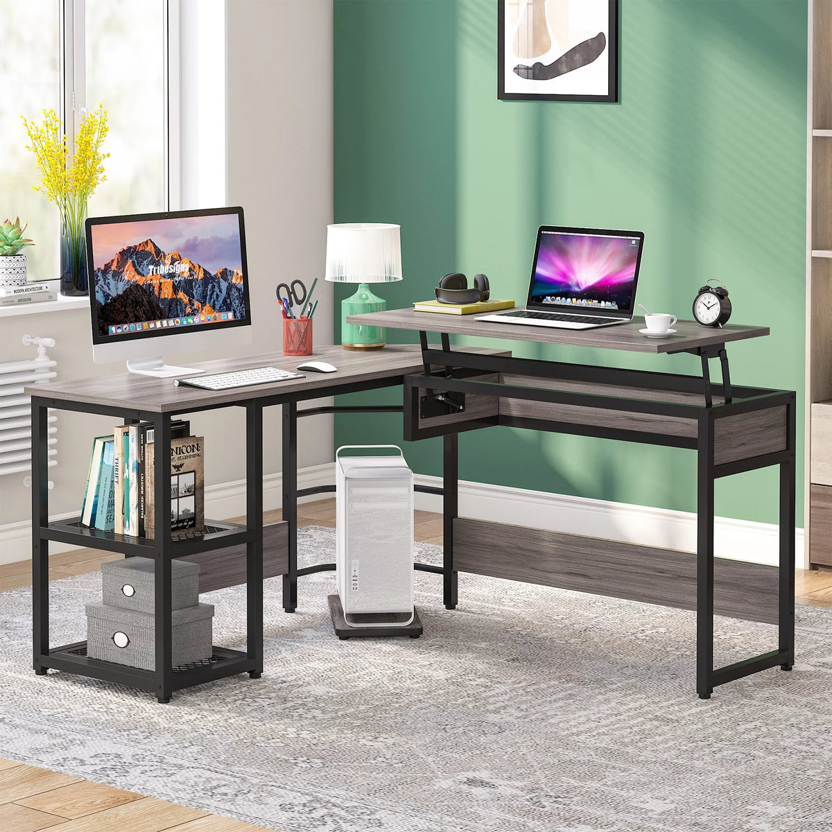 L-Shaped Height Adjustable Computer Desk with Shelves X741