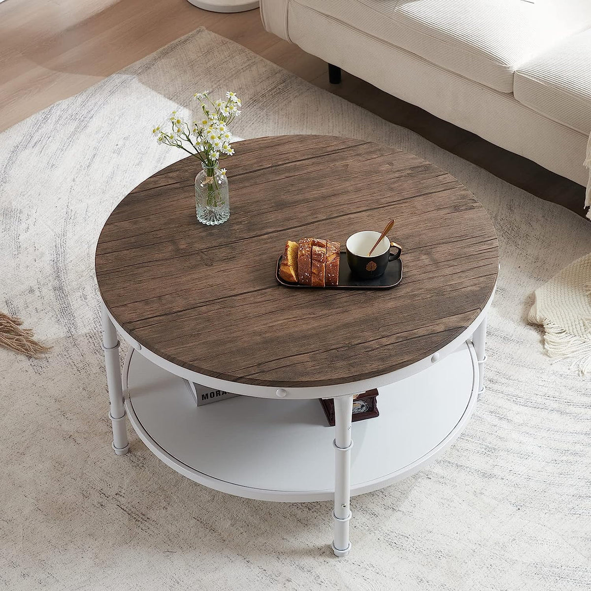 Natural White Round 2-Tier Storage Wood Coffee Table with Metal Frame J108