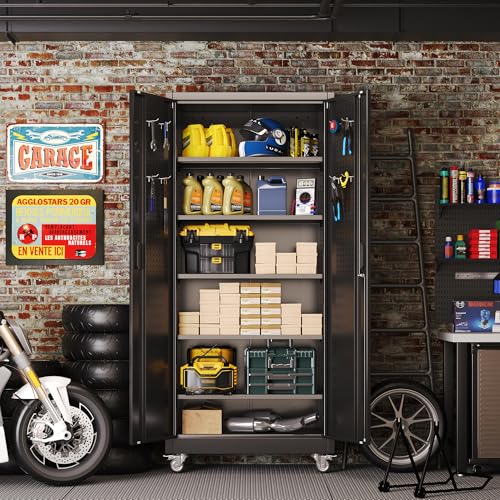 73''H White Metal Storage Cabinet with Wheels and Pegboards T691