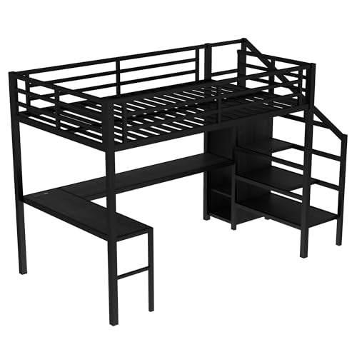 Twin XL Size Black Metal Loft Bed with L-Shaped Desk and Wardrobe D7665