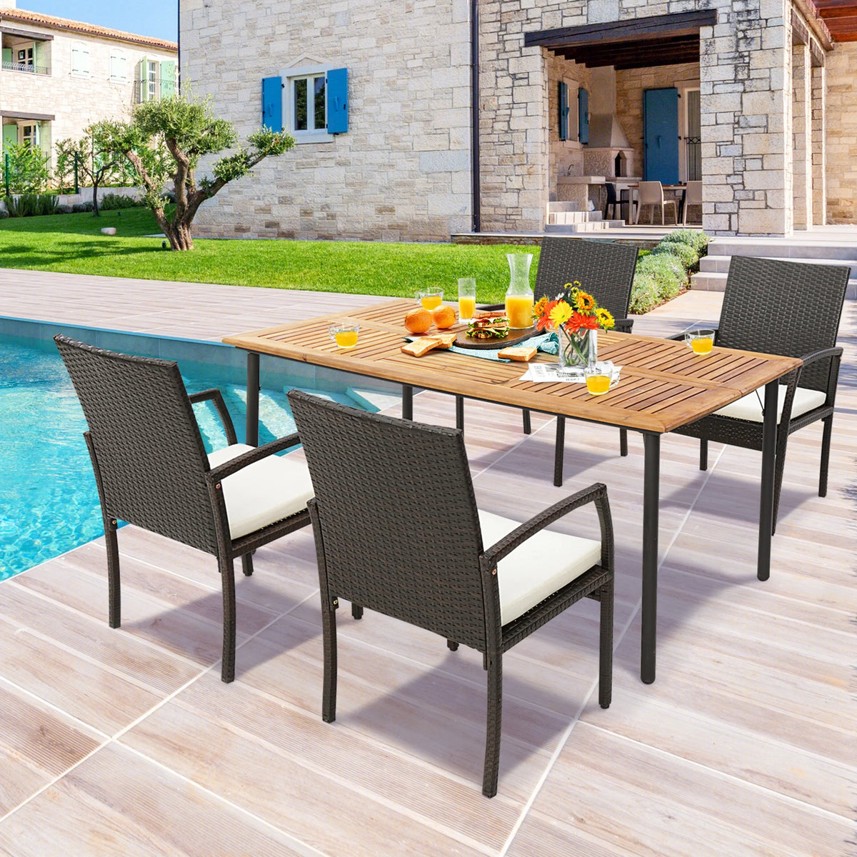 Rectangular Acacia Wood Patio Dining Table with Umbrella Hole J29319