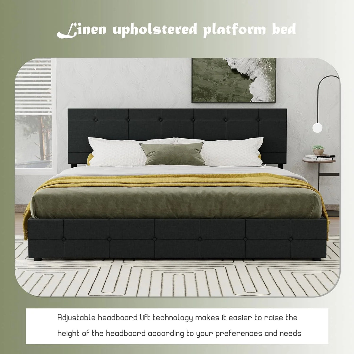 Linen Upholstered Queen Size Platform Bed Frame with 4 Storage Drawers Black J4723